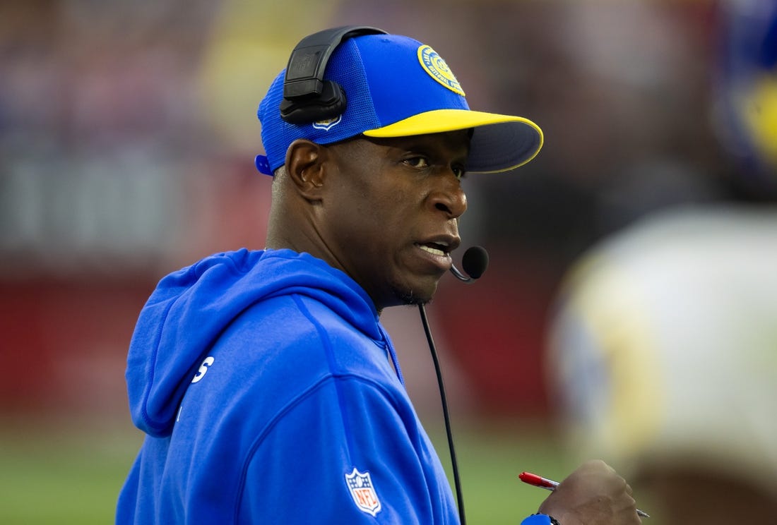 Nov 26, 2023; Glendale, Arizona, USA; Los Angeles Rams defensive coordinator Raheem Morris against the Arizona Cardinals at State Farm Stadium. Mandatory Credit: Mark J. Rebilas-USA TODAY Sports