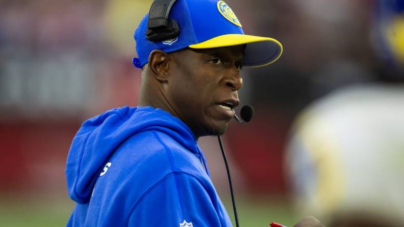 Nov 26, 2023; Glendale, Arizona, USA; Los Angeles Rams defensive coordinator Raheem Morris against the Arizona Cardinals at State Farm Stadium. Mandatory Credit: Mark J. Rebilas-USA TODAY Sports