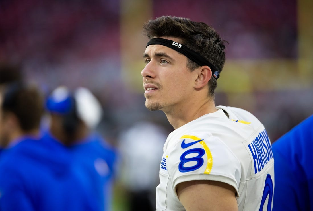 Nov 26, 2023; Glendale, Arizona, USA; Los Angeles Rams kicker Lucas Havrisik (8) against the Arizona Cardinals at State Farm Stadium. Mandatory Credit: Mark J. Rebilas-USA TODAY Sports