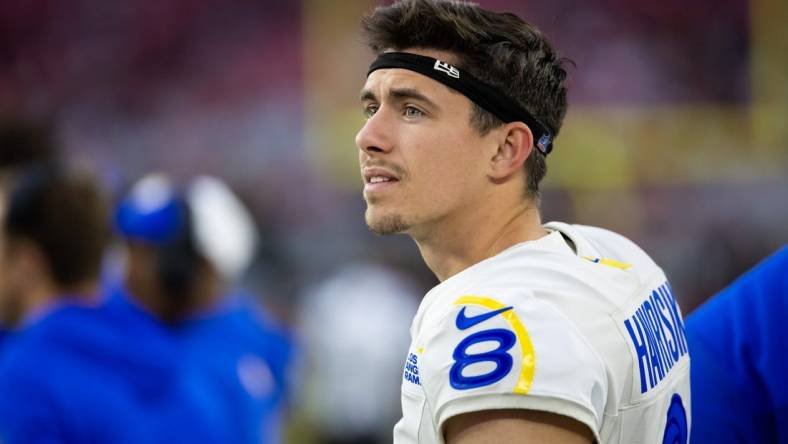 Nov 26, 2023; Glendale, Arizona, USA; Los Angeles Rams kicker Lucas Havrisik (8) against the Arizona Cardinals at State Farm Stadium. Mandatory Credit: Mark J. Rebilas-USA TODAY Sports