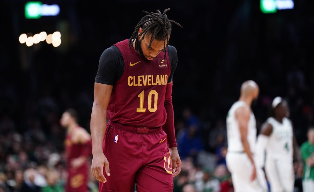 Dec 14, 2023; Boston, Massachusetts, USA; Cleveland Cavaliers guard Darius Garland (10) on the court against the Boston Celtics in the second half at TD Garden. Mandatory Credit: David Butler II-USA TODAY Sports