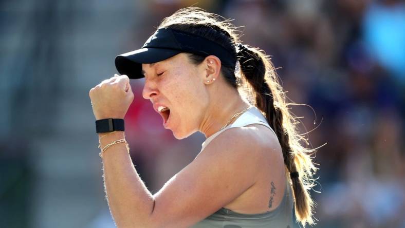 Jessica Pegula reacts after defeating Anastasia Potapova during the BNP Paribas Open at the Indian Wells Tennis Garden in Indian Wells, Calif., on Sunday, March 12, 2023.