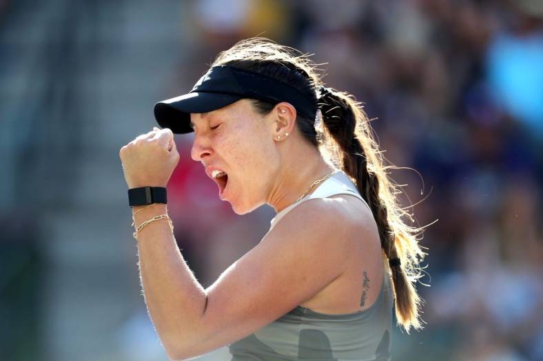 Jessica Pegula reacts after defeating Anastasia Potapova during the BNP Paribas Open at the Indian Wells Tennis Garden in Indian Wells, Calif., on Sunday, March 12, 2023.