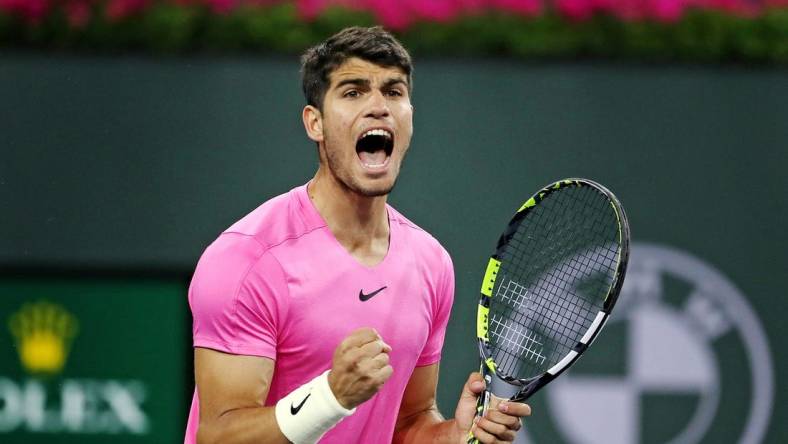 Carlos Alcaraz reacts during his win against Tallon Grieskpoor during the BNP Paribas Open in Indian Wells, Calif., on Monday, March 13, 2023.