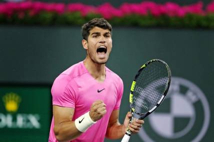 Carlos Alcaraz reacts during his win against Tallon Grieskpoor during the BNP Paribas Open in Indian Wells, Calif., on Monday, March 13, 2023.
