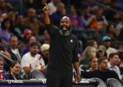 Dec 13, 2023; Phoenix, Arizona, USA; Brooklyn Nets head coach Jacque Vaughn against the Phoenix Suns at Footprint Center. Mandatory Credit: Mark J. Rebilas-USA TODAY Sports