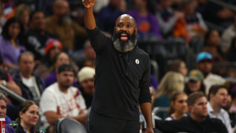 Dec 13, 2023; Phoenix, Arizona, USA; Brooklyn Nets head coach Jacque Vaughn against the Phoenix Suns at Footprint Center. Mandatory Credit: Mark J. Rebilas-USA TODAY Sports