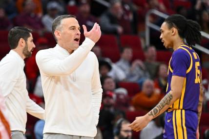 Dec 16, 2023; Houston, Texas, USA; LSU Tigers head coach Matt McMahon gestures to players against the Texas Longhorns during the second half at Toyota Center. Mandatory Credit: Maria Lysaker-USA TODAY Sports