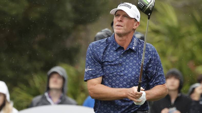 Dec 16, 2023; Orlando, Florida, USA; Steve Stricker plays his shot from the sixth tee during the PNC Championship at The Ritz-Carlton Golf Club. Mandatory Credit: Reinhold Matay-USA TODAY Sports