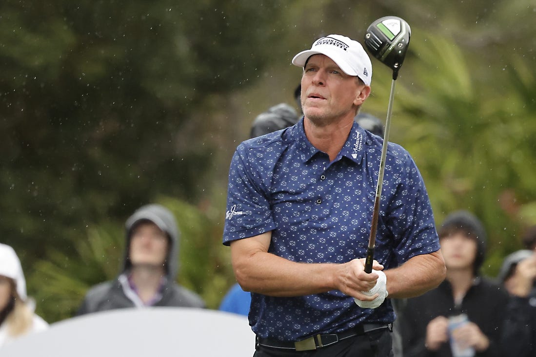 Dec 16, 2023; Orlando, Florida, USA; Steve Stricker plays his shot from the sixth tee during the PNC Championship at The Ritz-Carlton Golf Club. Mandatory Credit: Reinhold Matay-USA TODAY Sports