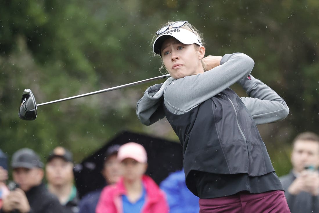 Dec 16, 2023; Orlando, Florida, USA; Nelly Korda plays her shot from the sixth tee during the PNC Championship at The Ritz-Carlton Golf Club. Mandatory Credit: Reinhold Matay-USA TODAY Sports