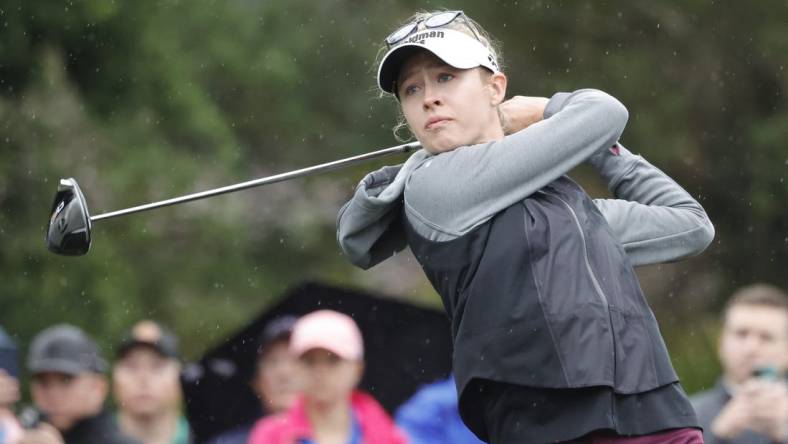 Dec 16, 2023; Orlando, Florida, USA; Nelly Korda plays her shot from the sixth tee during the PNC Championship at The Ritz-Carlton Golf Club. Mandatory Credit: Reinhold Matay-USA TODAY Sports