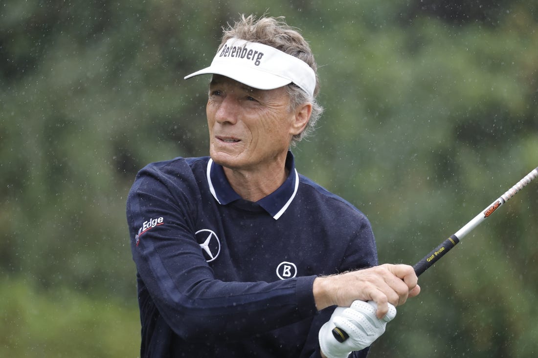 Dec 17, 2023; Orlando, Florida, USA;  Bernhard Langer plays his shot from the first tee during the PNC Championship at The Ritz-Carlton Golf Club. Mandatory Credit: Reinhold Matay-USA TODAY Sports