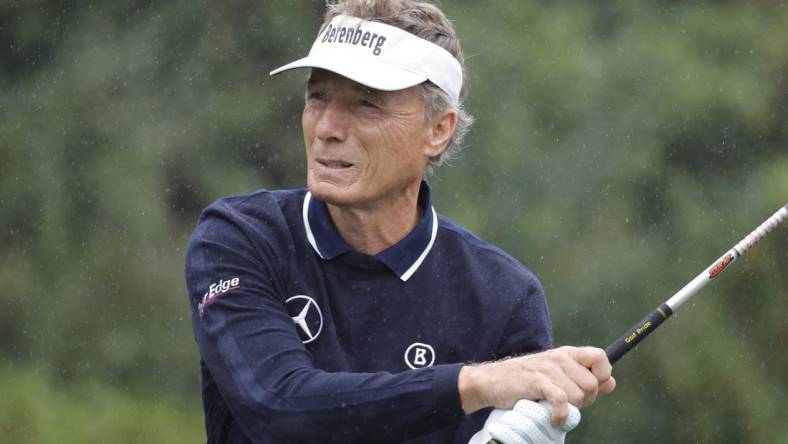 Dec 17, 2023; Orlando, Florida, USA;  Bernhard Langer plays his shot from the first tee during the PNC Championship at The Ritz-Carlton Golf Club. Mandatory Credit: Reinhold Matay-USA TODAY Sports