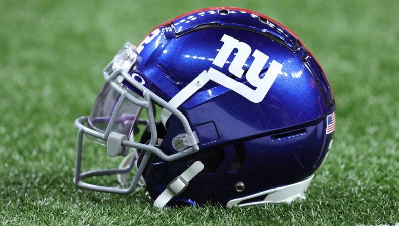 Dec 17, 2023; New Orleans, Louisiana, USA; A detailed view of a New York Giants helmet before the game against the New Orleans Saints at Caesars Superdome. Mandatory Credit: Stephen Lew-USA TODAY Sports