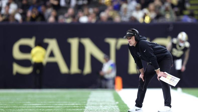 Saints head coach Dennis Allen looks on during the second half against the New York Giants at Caesars Superdome. Mandatory Credit: Stephen Lew-USA TODAY Sports