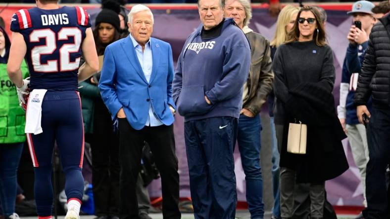 New England Patriots head coach Bill Belichick and franchise owner Robert Kraft are expected to huddle about the outlook for 2024 in the coming days. Mandatory Credit: Eric Canha-USA TODAY Sports