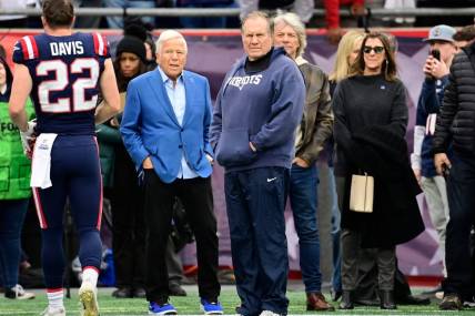 New England Patriots head coach Bill Belichick and franchise owner Robert Kraft are expected to huddle about the outlook for 2024 in the coming days. Mandatory Credit: Eric Canha-USA TODAY Sports