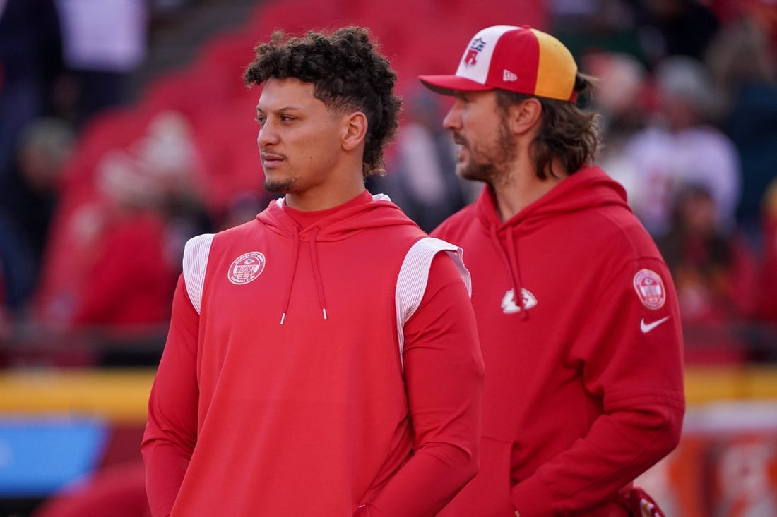 Dec 10, 2023; Kansas City, Missouri, USA; Kansas City Chiefs quarterback Patrick Mahomes (15) and quarterback Blaine Gabbert (9) on field against the Buffalo Bills prior to a game at GEHA Field at Arrowhead Stadium. Mandatory Credit: Denny Medley-USA TODAY Sports