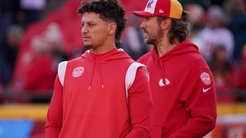 Dec 10, 2023; Kansas City, Missouri, USA; Kansas City Chiefs quarterback Patrick Mahomes (15) and quarterback Blaine Gabbert (9) on field against the Buffalo Bills prior to a game at GEHA Field at Arrowhead Stadium. Mandatory Credit: Denny Medley-USA TODAY Sports