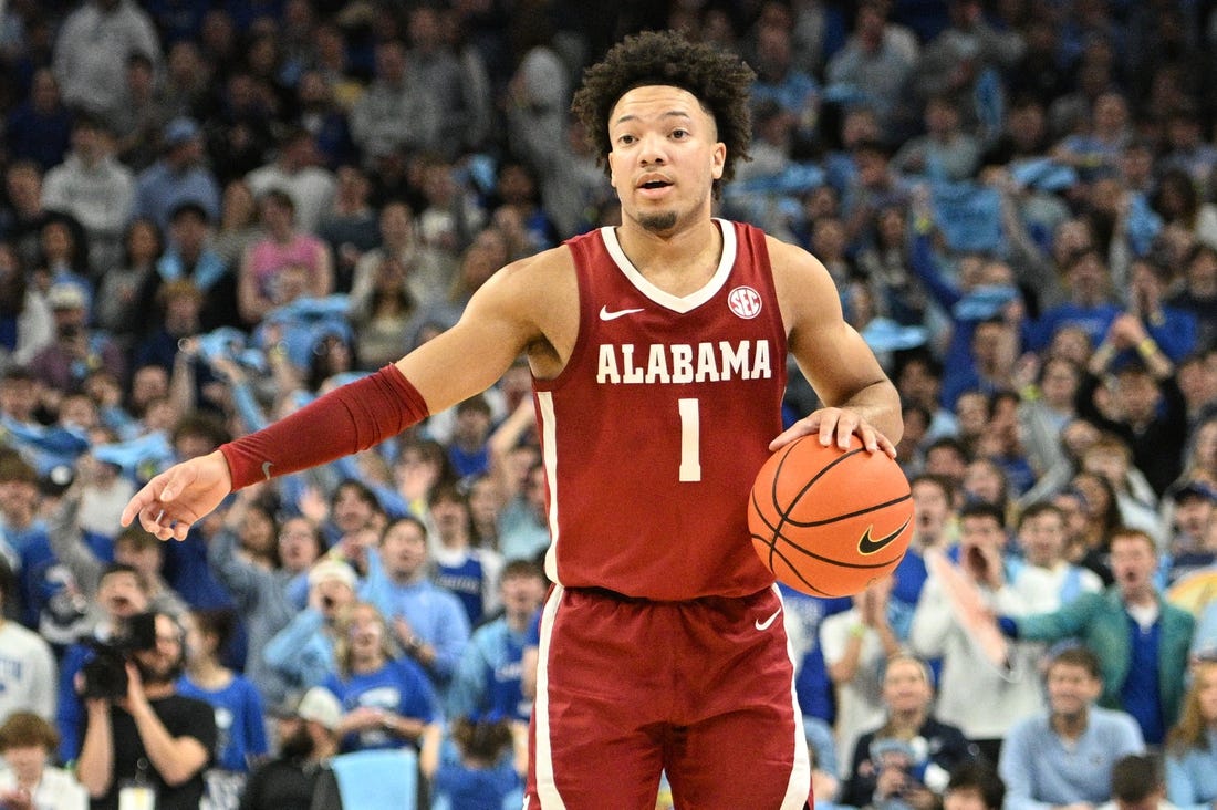 Dec 16, 2023; Omaha, Nebraska, USA;  Alabama Crimson Tide guard Mark Sears (1) dribbles against the Creighton Bluejays in the first half  at CHI Health Center Omaha. Mandatory Credit: Steven Branscombe-USA TODAY Sports