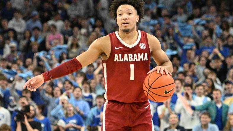 Dec 16, 2023; Omaha, Nebraska, USA;  Alabama Crimson Tide guard Mark Sears (1) dribbles against the Creighton Bluejays in the first half  at CHI Health Center Omaha. Mandatory Credit: Steven Branscombe-USA TODAY Sports