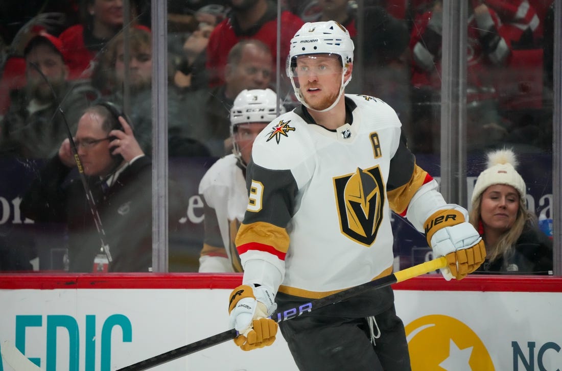 Dec 19, 2023; Raleigh, North Carolina, USA; Vegas Golden Knights center Jack Eichel (9) watches the play against the Carolina Hurricanes during the third period at PNC Arena. Mandatory Credit: James Guillory-USA TODAY Sports