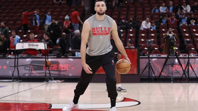 Dec 20, 2023; Chicago, Illinois, USA; Chicago Bulls guard Zach LaVine (8) warms up before a game against the Los Angeles Lakers at United Center. Mandatory Credit: Kamil Krzaczynski-USA TODAY Sports