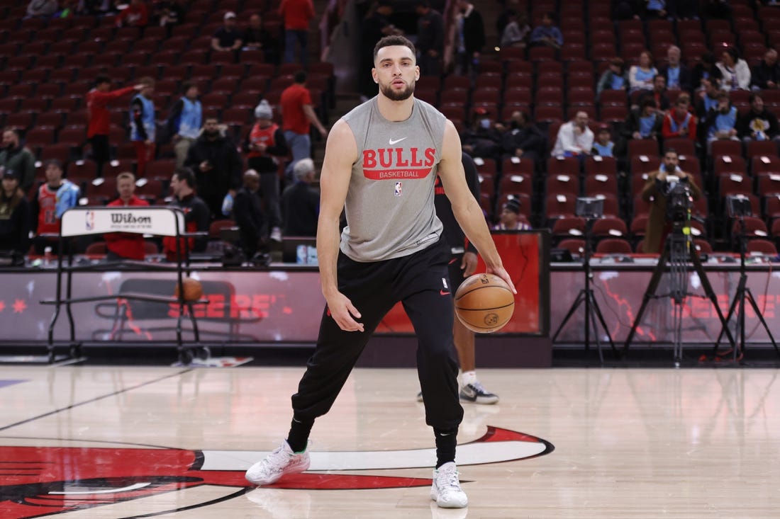 Dec 20, 2023; Chicago, Illinois, USA; Chicago Bulls guard Zach LaVine (8) warms up before a game against the Los Angeles Lakers at United Center. Mandatory Credit: Kamil Krzaczynski-USA TODAY Sports