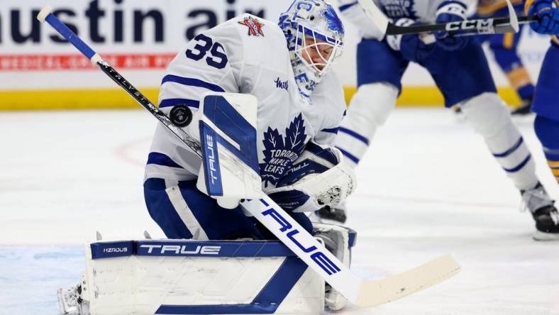 Dec 21, 2023; Buffalo, New York, USA;  Toronto Maple Leafs goaltender Ilya Samsonov (35) makes a save during the second period against the Buffalo Sabres at KeyBank Center. Mandatory Credit: Timothy T. Ludwig-USA TODAY Sports