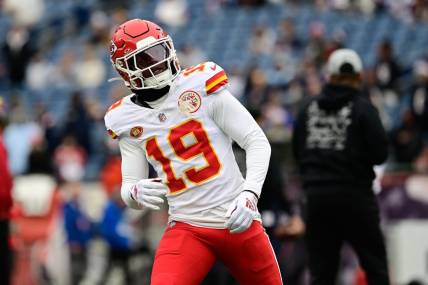 Dec 17, 2023; Foxborough, Massachusetts, USA; Kansas City Chiefs wide receiver Kadarius Toney (19) warms up before a game against the New England Patriots at Gillette Stadium. Mandatory Credit: Eric Canha-USA TODAY Sports