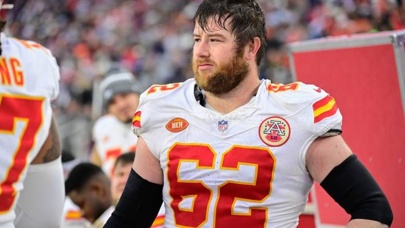 Dec 17, 2023; Foxborough, Massachusetts, USA; Kansas City Chiefs guard Joe Thuney (62)  stands in the bench area during the second half against the New England Patriots at Gillette Stadium. Mandatory Credit: Eric Canha-USA TODAY Sports