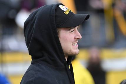 Dec 23, 2023; Pittsburgh, Pennsylvania, USA;  Pittsburgh Steelers quarterback Kenny Pickett (8) watches from the sidelines before a game against the Cincinnati Bengals at Acrisure Stadium. Mandatory Credit: Philip G. Pavely-USA TODAY Sports