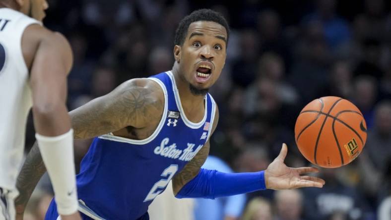 Dec 23, 2023; Cincinnati, Ohio, USA;  Seton Hall Pirates guard Al-Amir Dawes (2) reacts as he dribbles the ball against the Xavier Musketeers in the second half at the Cintas Center. Mandatory Credit: Aaron Doster-USA TODAY Sports