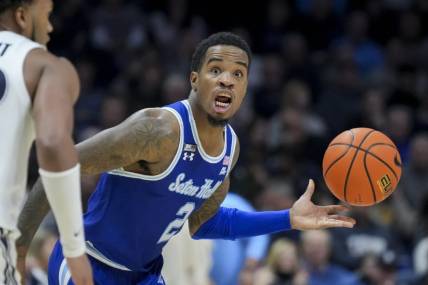 Dec 23, 2023; Cincinnati, Ohio, USA;  Seton Hall Pirates guard Al-Amir Dawes (2) reacts as he dribbles the ball against the Xavier Musketeers in the second half at the Cintas Center. Mandatory Credit: Aaron Doster-USA TODAY Sports