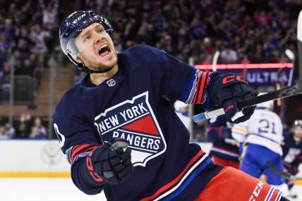 Dec 23, 2023; New York, New York, USA; New York Rangers left wing Artemi Panarin (10) celebrates his goal against the Buffalo Sabres during the first period at Madison Square Garden. Mandatory Credit: Dennis Schneidler-USA TODAY Sports
