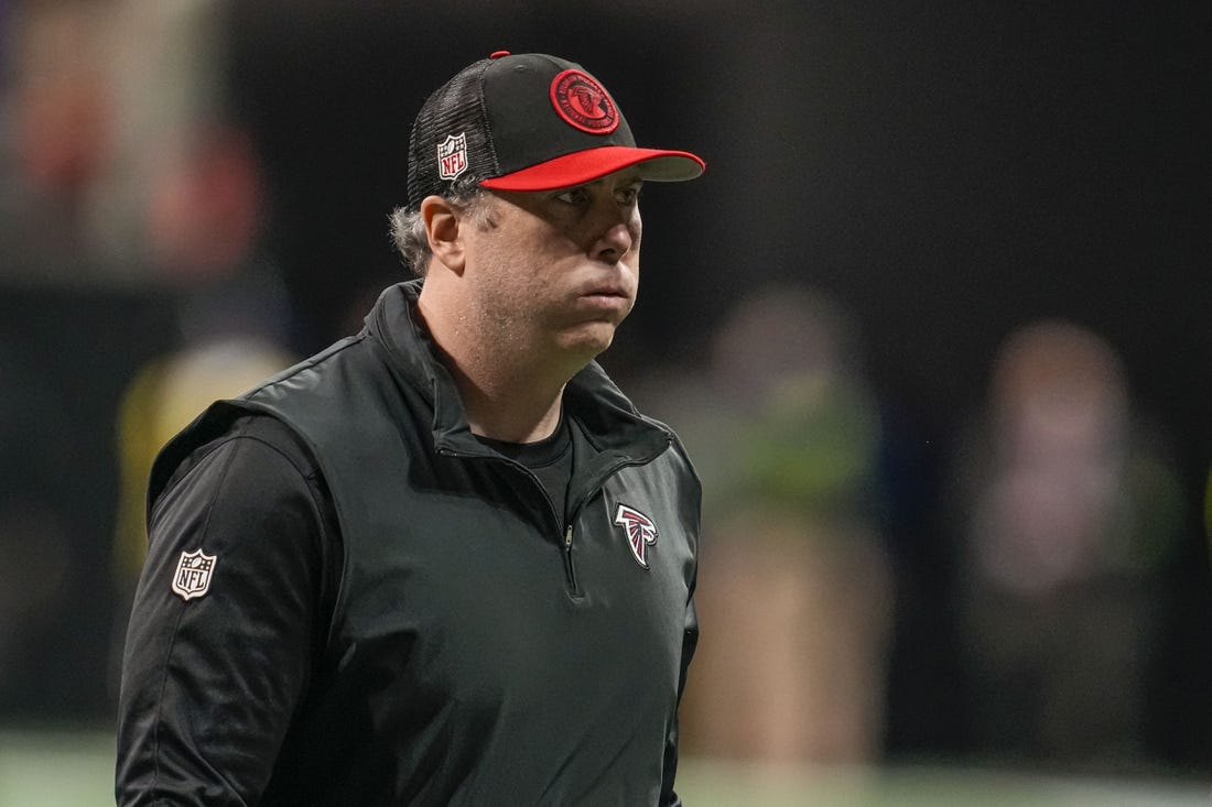 Dec 24, 2023; Atlanta, Georgia, USA; Atlanta Falcons head coach Arthur Smith shown on the field after the game against the Indianapolis Colts at Mercedes-Benz Stadium. Mandatory Credit: Dale Zanine-USA TODAY Sports