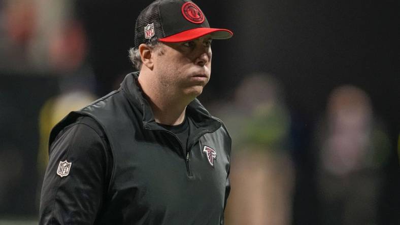 Dec 24, 2023; Atlanta, Georgia, USA; Atlanta Falcons head coach Arthur Smith shown on the field after the game against the Indianapolis Colts at Mercedes-Benz Stadium. Mandatory Credit: Dale Zanine-USA TODAY Sports