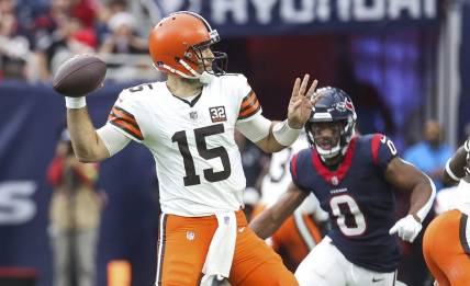 Dec 24, 2023; Houston, Texas, USA; Cleveland Browns quarterback Joe Flacco (15) attempts a pass during the fourth quarter against the Houston Texans at NRG Stadium. Mandatory Credit: Troy Taormina-USA TODAY Sports