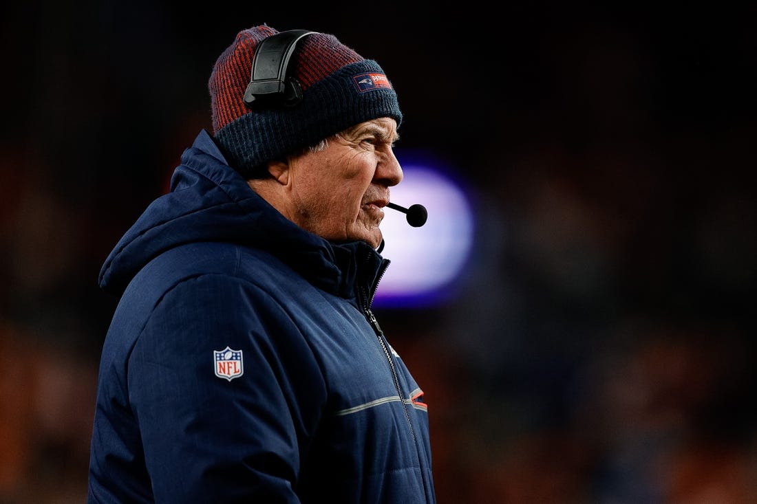 Dec 24, 2023; Denver, Colorado, USA; New England Patriots head coach Bill Belichick in the second quarter against the Denver Broncos at Empower Field at Mile High. Mandatory Credit: Isaiah J. Downing-USA TODAY Sports