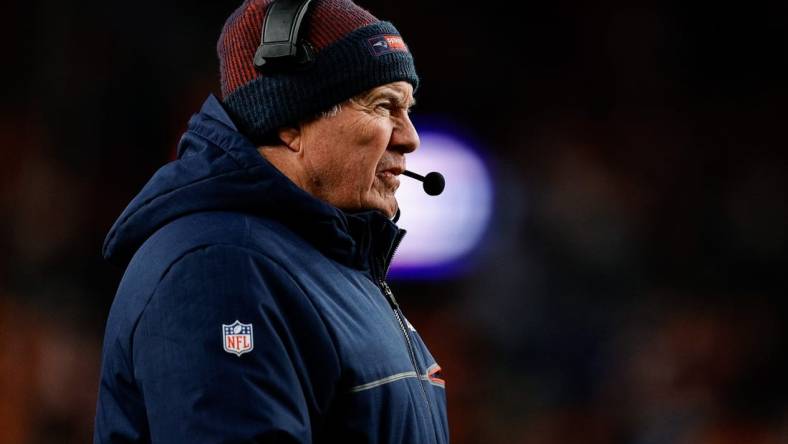 Dec 24, 2023; Denver, Colorado, USA; New England Patriots head coach Bill Belichick in the second quarter against the Denver Broncos at Empower Field at Mile High. Mandatory Credit: Isaiah J. Downing-USA TODAY Sports