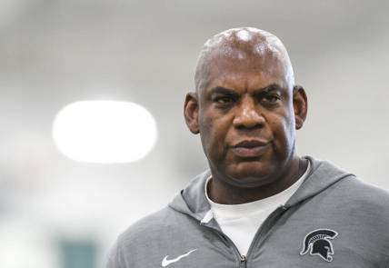 MSU football coach Mel Tucker pictured Tuesday, March 14, 2023, during the first day of spring practice at the indoor football facilty in East Lansing.