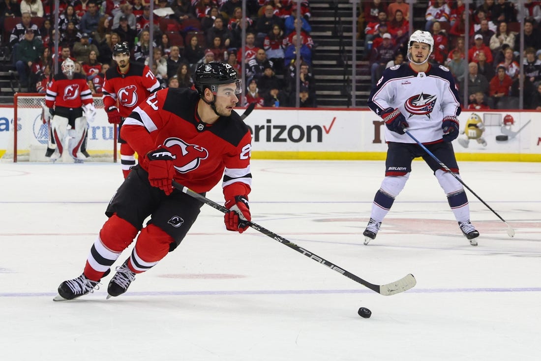 Dec 27, 2023; Newark, New Jersey, USA; New Jersey Devils right wing Timo Meier (28) skates with the puck against the Columbus Blue Jackets during the second period at Prudential Center. Mandatory Credit: Ed Mulholland-USA TODAY Sports