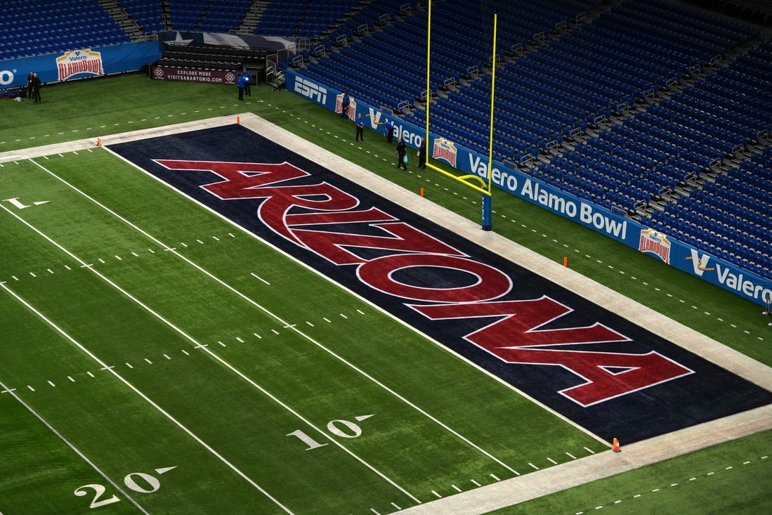 Dec 28, 2023; San Antonio, TX, USA; The Arizona Wildcats logo in the end zone at Alamodome. Mandatory Credit: Kirby Lee-USA TODAY Sports