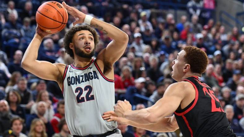 Dec 29, 2023; Spokane, Washington, USA; Gonzaga Bulldogs forward Anton Watson (22) shoots the ball against San Diego State Aztecs forward Elijah Saunders (25) in the first half at McCarthey Athletic Center. Mandatory Credit: James Snook-USA TODAY Sports