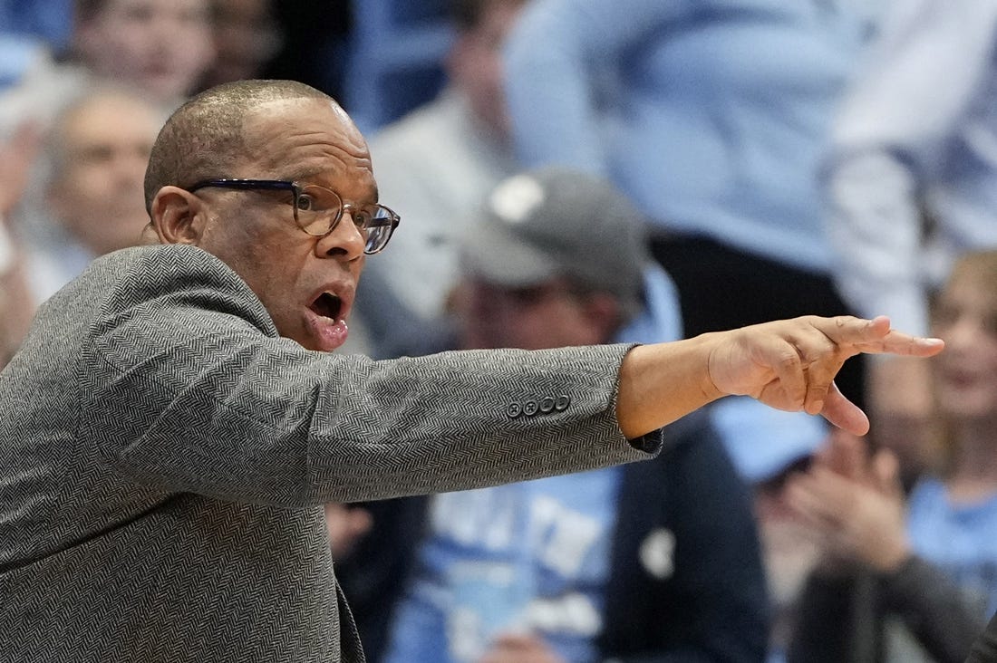 Dec 29, 2023; Chapel Hill, North Carolina, USA; North Carolina Tar Heels head coach Hubert Davis in the second half at Dean E. Smith Center. Mandatory Credit: Bob Donnan-USA TODAY Sports