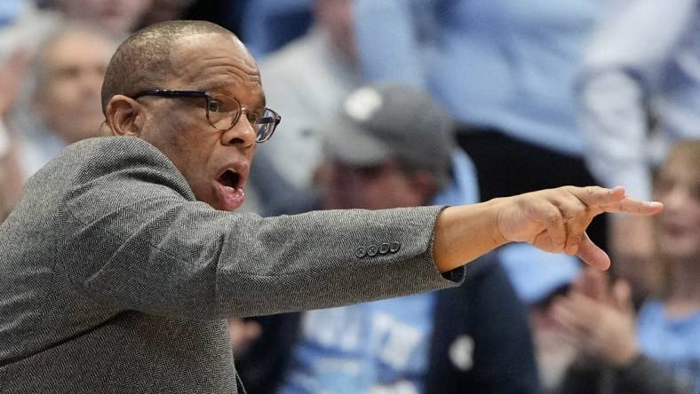 Dec 29, 2023; Chapel Hill, North Carolina, USA; North Carolina Tar Heels head coach Hubert Davis in the second half at Dean E. Smith Center. Mandatory Credit: Bob Donnan-USA TODAY Sports