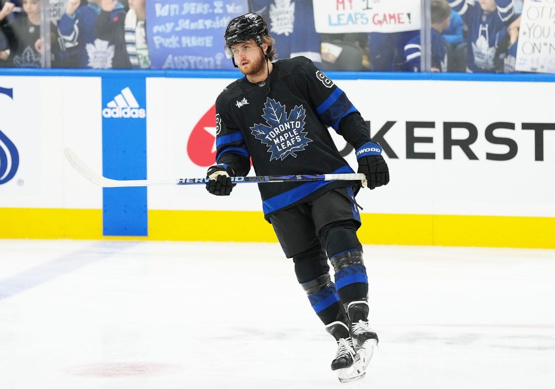 Dec 27, 2023; Toronto, Ontario, CAN; Toronto Maple Leafs right wing William Nylander (88) skates during the warmup before a game against the Ottawa Senators at Scotiabank Arena. Mandatory Credit: Nick Turchiaro-USA TODAY Sports