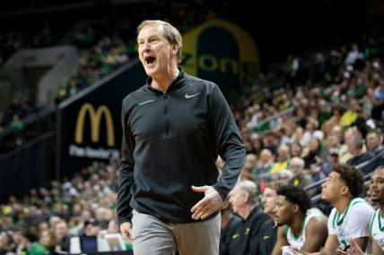 Oregon head coach Dana Altman yells at the referees after a call in the first half as the Oregon Ducks host the UCLA Bruins Saturday, Dec. 30, 2023, at Matthew Knight Arena in Eugene, Ore.