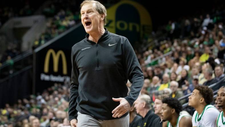 Oregon head coach Dana Altman yells at the referees after a call in the first half as the Oregon Ducks host the UCLA Bruins Saturday, Dec. 30, 2023, at Matthew Knight Arena in Eugene, Ore.